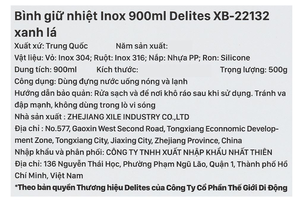 Bình giữ nhiệt Inox 900 ml Delites XB-22132 Xanh lá Màu Xanh lá