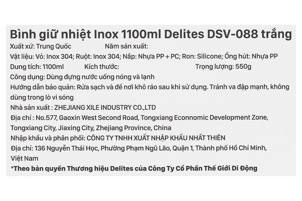 Bình giữ nhiệt Inox 1100 ml Delites DSV-088 Trắng Màu Trắng