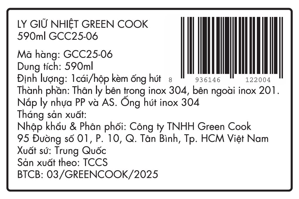 Ly giữ nhiệt inox 590 ml Green Cook GCC25-06 đen Màu Đen