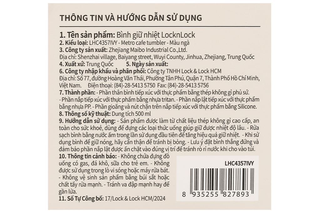Ly giữ nhiệt inox 500 ml Lock&Lock Metro Cafe Tumbler LHC4357IVY Màu Trắng