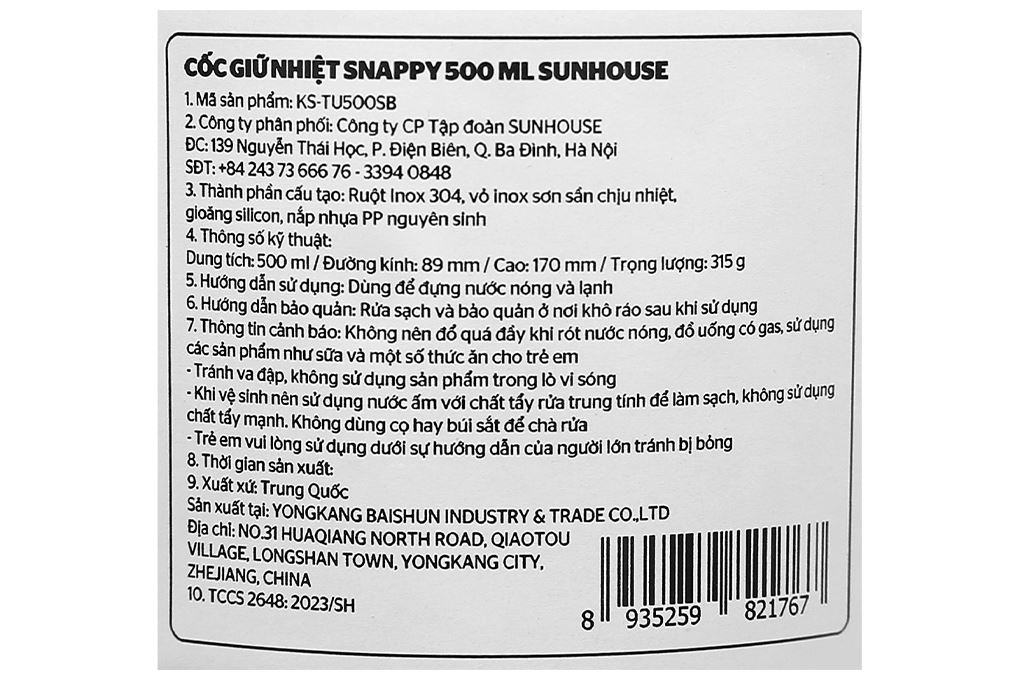 Ly giữ nhiệt inox 500 ml Sunhouse Snappy KS-TU500SB Màu Đen