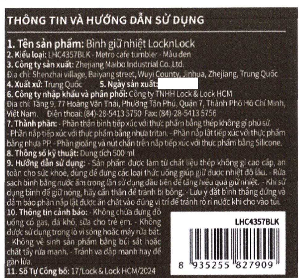 Bình giữ nhiệt inox 500 ml Metro Cafe Lock&Lock LHC4357BLK Màu Đen