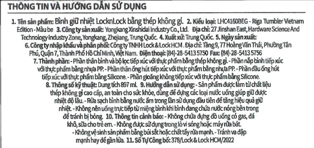 Bình giữ nhiệt inox 897 ml Riga Tumbler Vietnam Edition Lock&Lock LHC4160BEG Màu Màu be