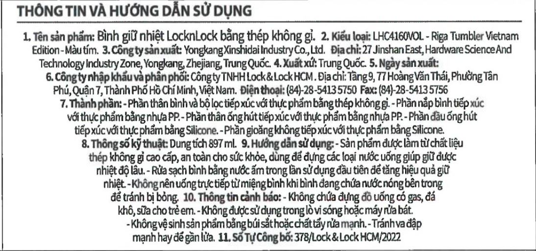 Bình giữ nhiệt inox 897 ml Riga Tumbler Vietnam Edition Lock&Lock LHC4160VOL Màu Tím