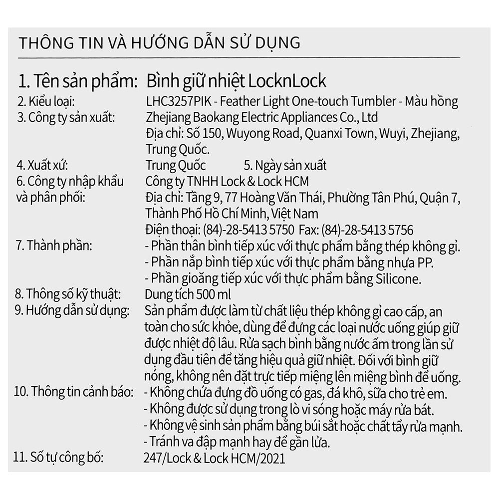 Bình giữ nhiệt inox 500 ml Featherlight One-touch Tumbler Lock&Lock LHC3257PIK Màu Hồng