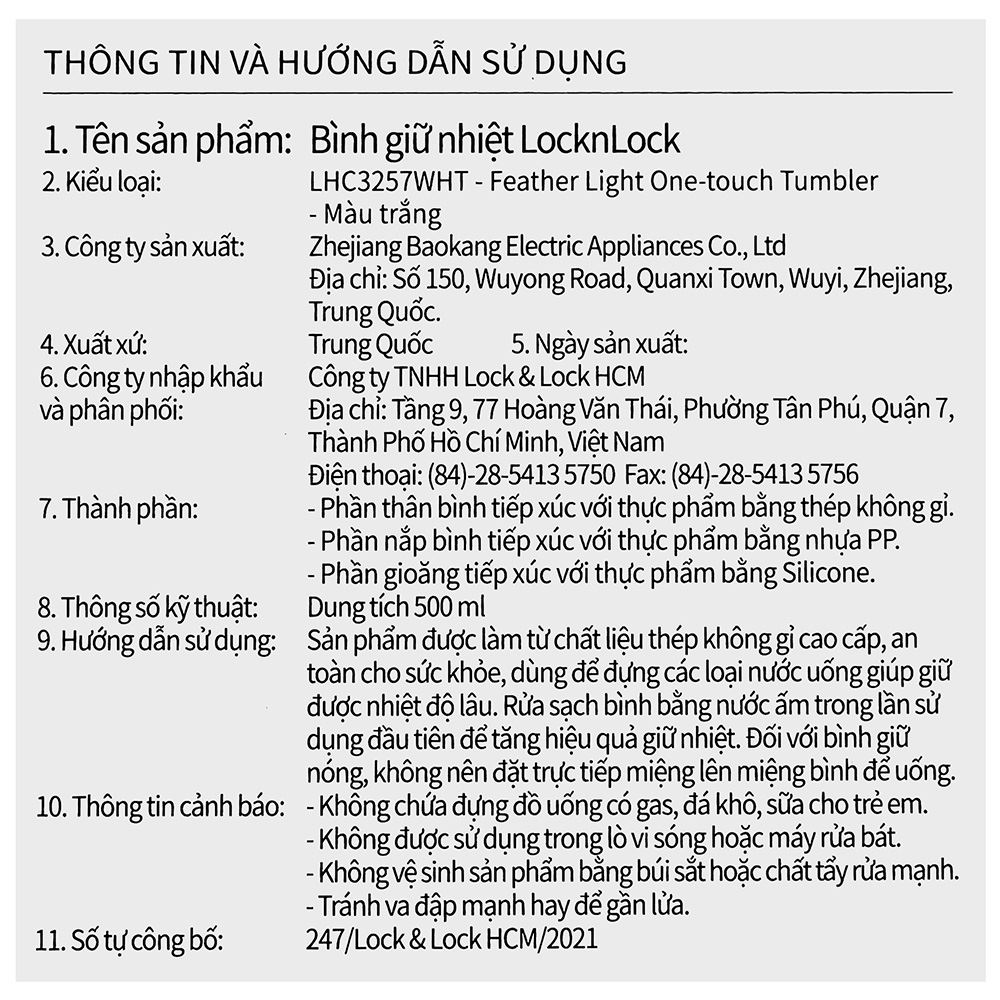 Bình giữ nhiệt inox 500 ml Featherlight One-touch Tumbler Lock&Lock LHC3257WHT Màu Trắng