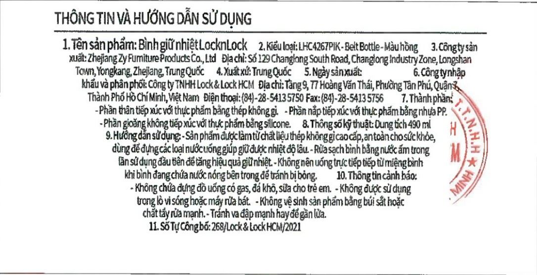 Bình giữ nhiệt inox 490 ml Belt Bottle Lock&Lock LHC4267PIK