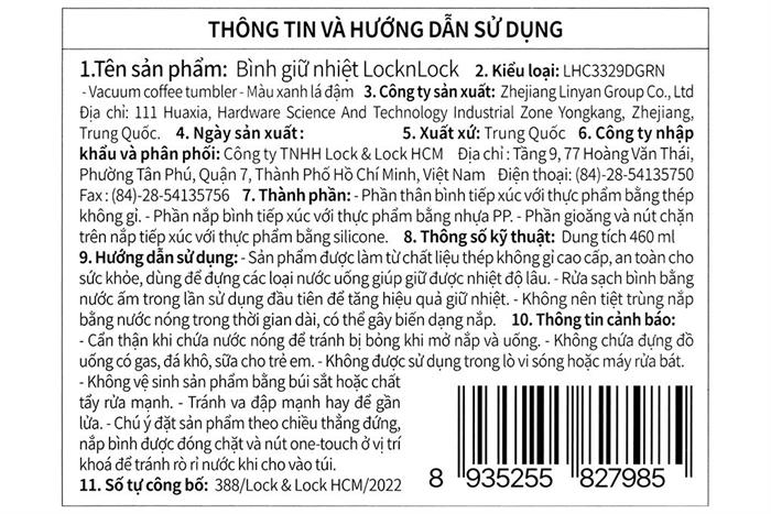 Bình giữ nhiệt inox 460 ml Vacuum Coffee Tumbler Lock&Lock LHC3329DGRN Màu Xanh lá đậm