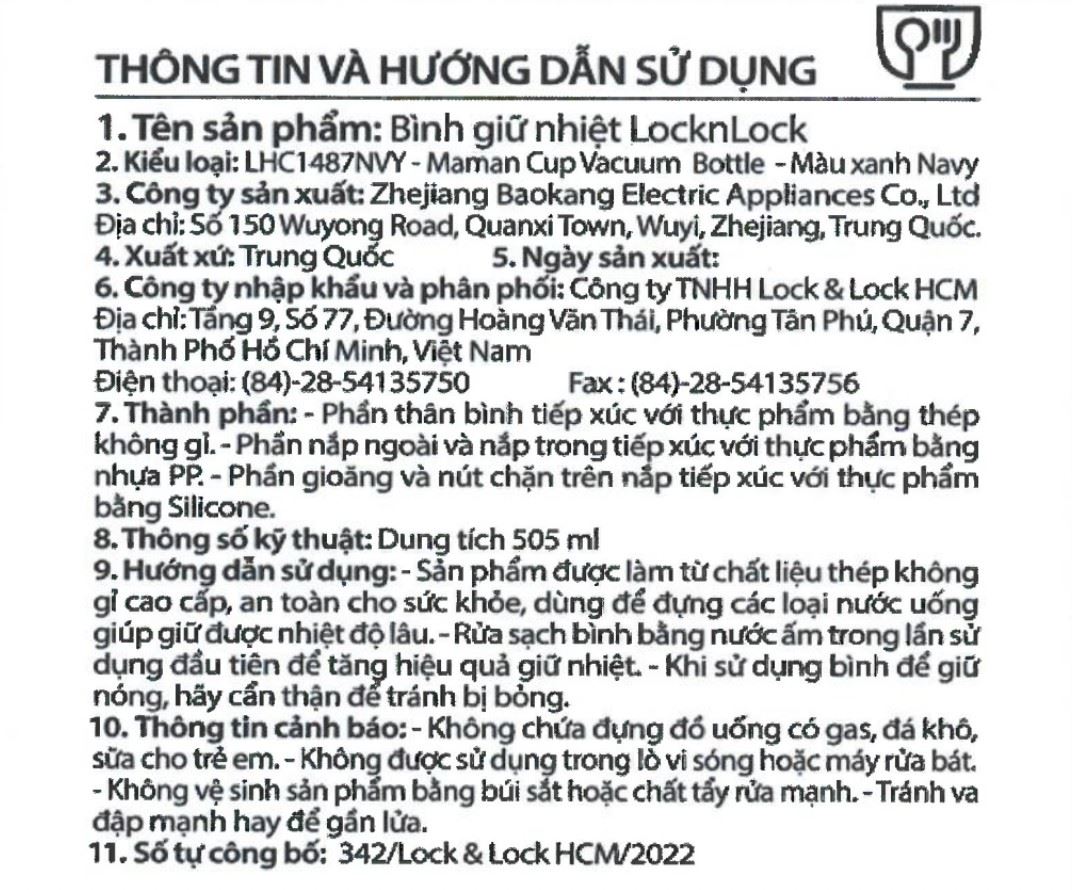 Bình giữ nhiệt inox 505 ml Maman Cup Vacuum Bottle Lock&Lock LHC1487NVY Màu Xanh Navy
