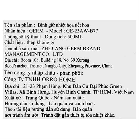 Ly giữ nhiệt inox 500 ml Hoa Sơn Trà GERM GE-23AW-B77 Màu Đen