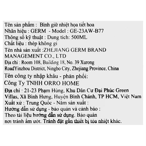 Ly giữ nhiệt inox 500 ml Hoa Sơn Trà GERM GE-23AW-B77 Màu Trắng