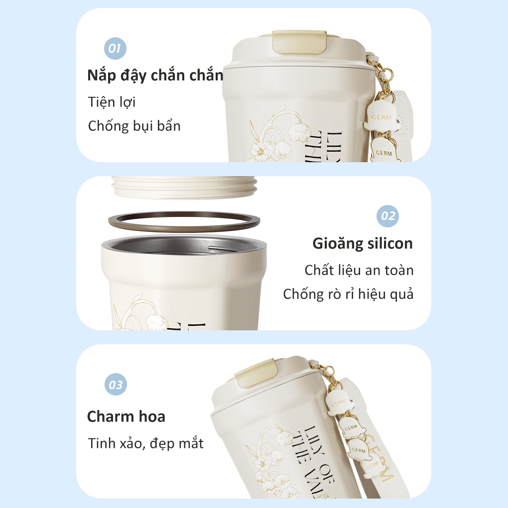 Ly giữ nhiệt inox 390 ml Hoa Huệ Thung Lũng GERM GE-23AW-K32 Màu Xanh Dương