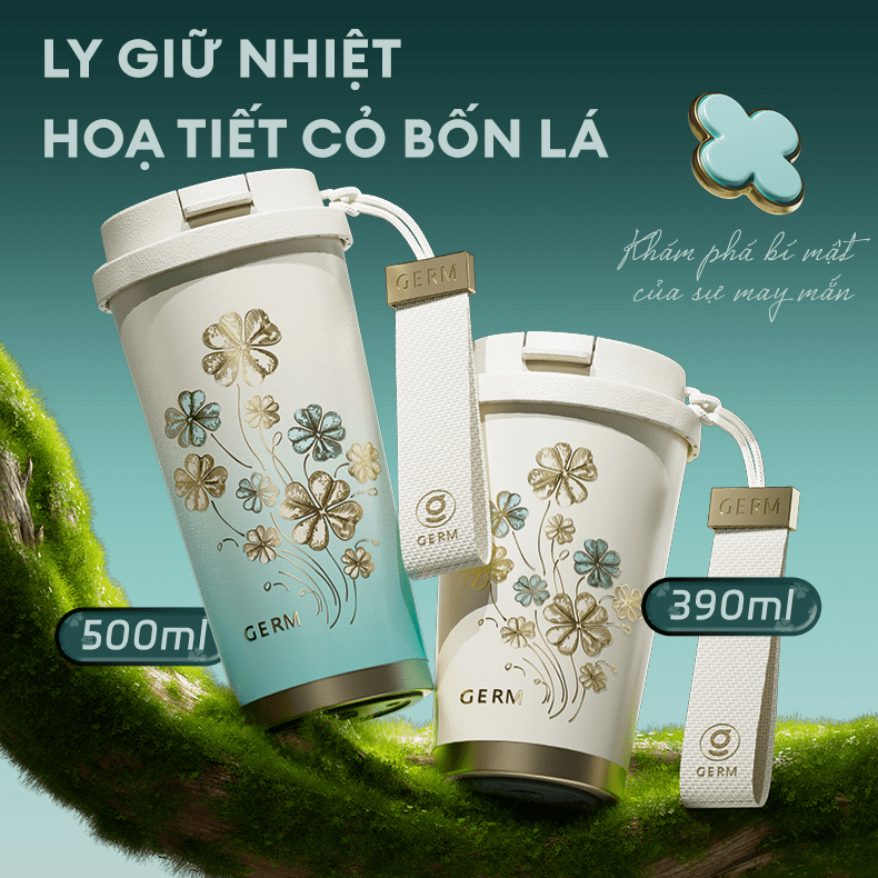 Ly giữ nhiệt inox 390 ml Cỏ Bốn Lá GERM GE-24SS-DB96 Màu Trắng
