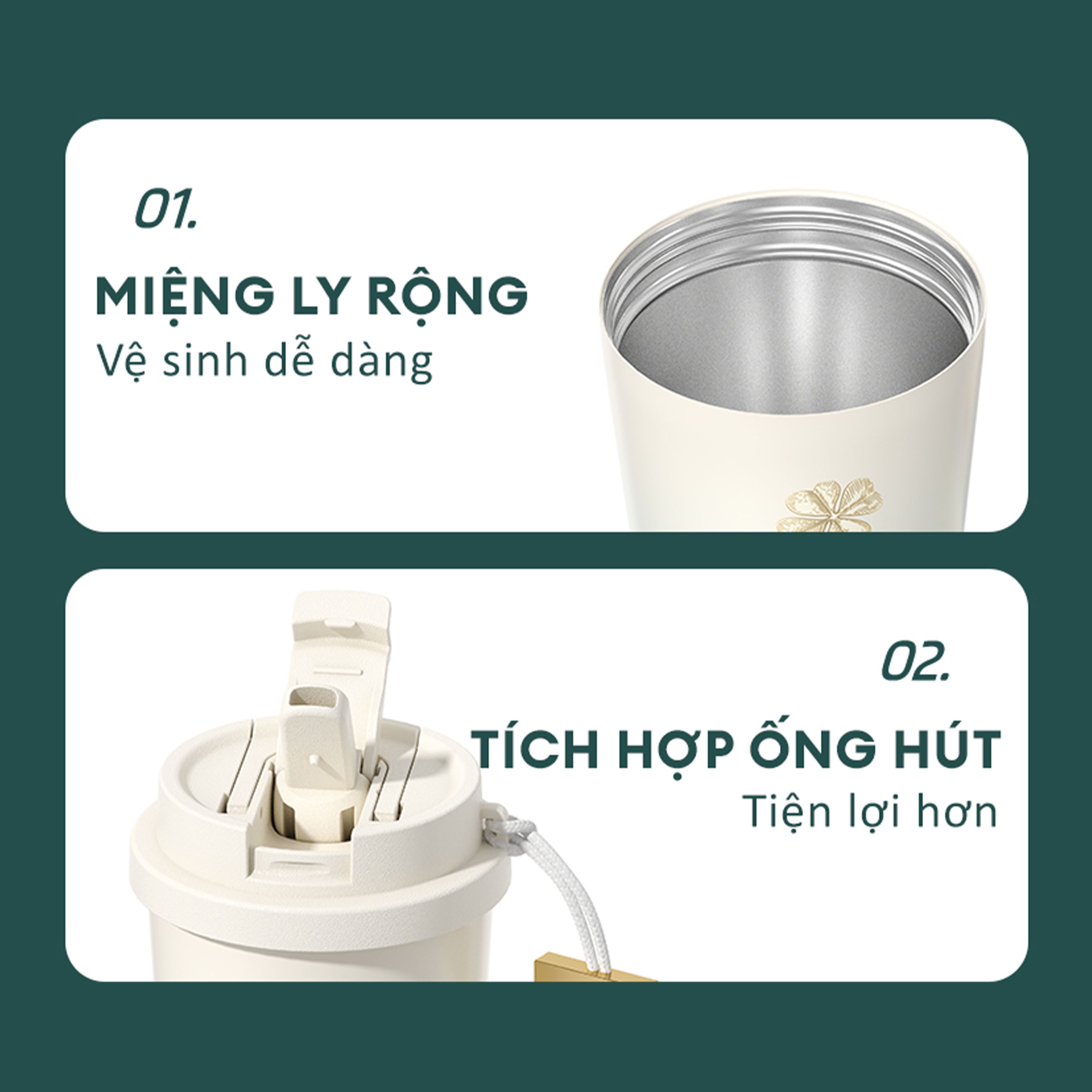 Ly giữ nhiệt inox 390 ml Cỏ Bốn Lá GERM GE-24SS-DB96 Màu Trắng