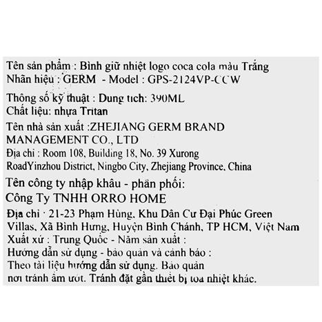 Ly giữ nhiệt inox 390 ml Kim Cương Coca Cola GERM GPS-2124VP-CCW Màu Trắng