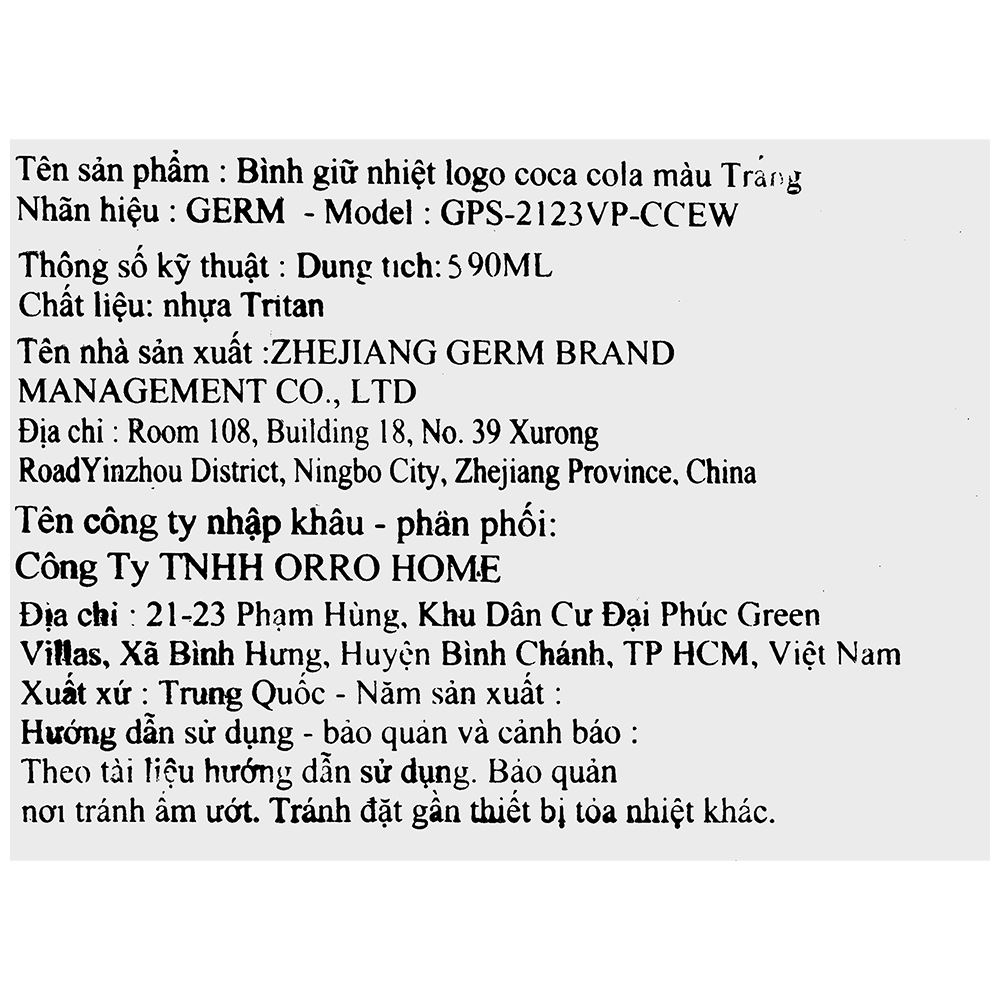 Ly giữ nhiệt 590 ml Enjoy Coca Cola GERM GPS-2123VP-CCEW Màu Trắng