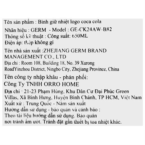 Ly giữ nhiệt inox 650 ml PPB Coca Cola GERM GE-CK24AW-B82 Màu Trắng - Đỏ