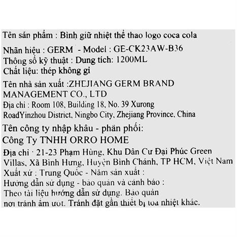 Ly giữ nhiệt inox 1200 ml Max Coca Cola GERM GE-CK23AW-B36 Màu Đỏ