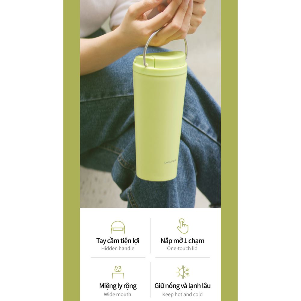 Bình giữ nhiệt Inox 550 ml Lock&Lock Bucket One Touch LHC3345GRN Màu Xanh lá