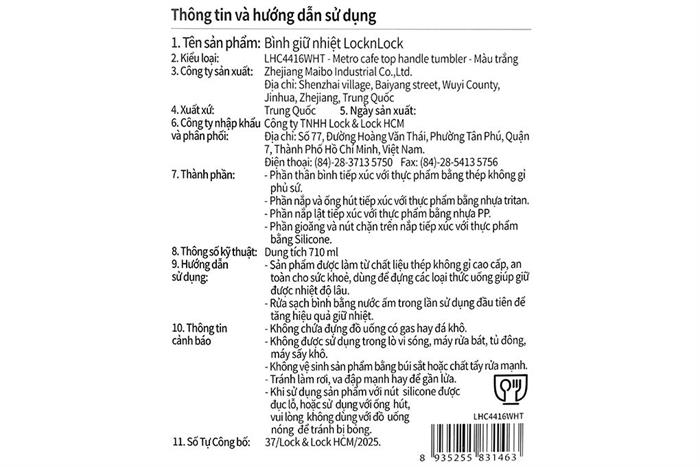 Bình giữ nhiệt Inox 710 ml Metro Cafe Top Handle Lock&Lock LHC4416WHT Màu Trắng