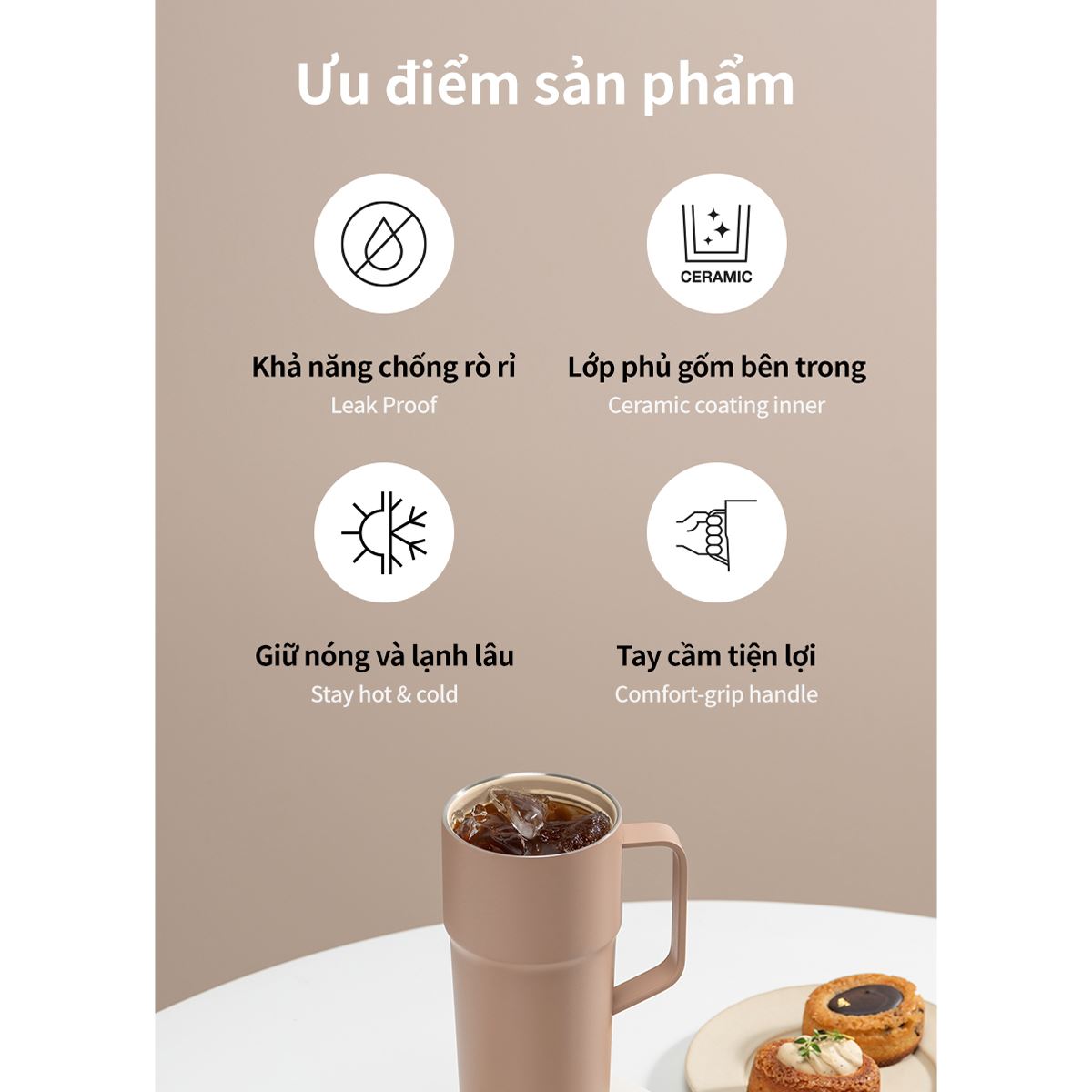 Bình giữ nhiệt Inox 750 ml Lock&Lock Metro Cafe Handle LHC4418CHO Màu Chocolate
