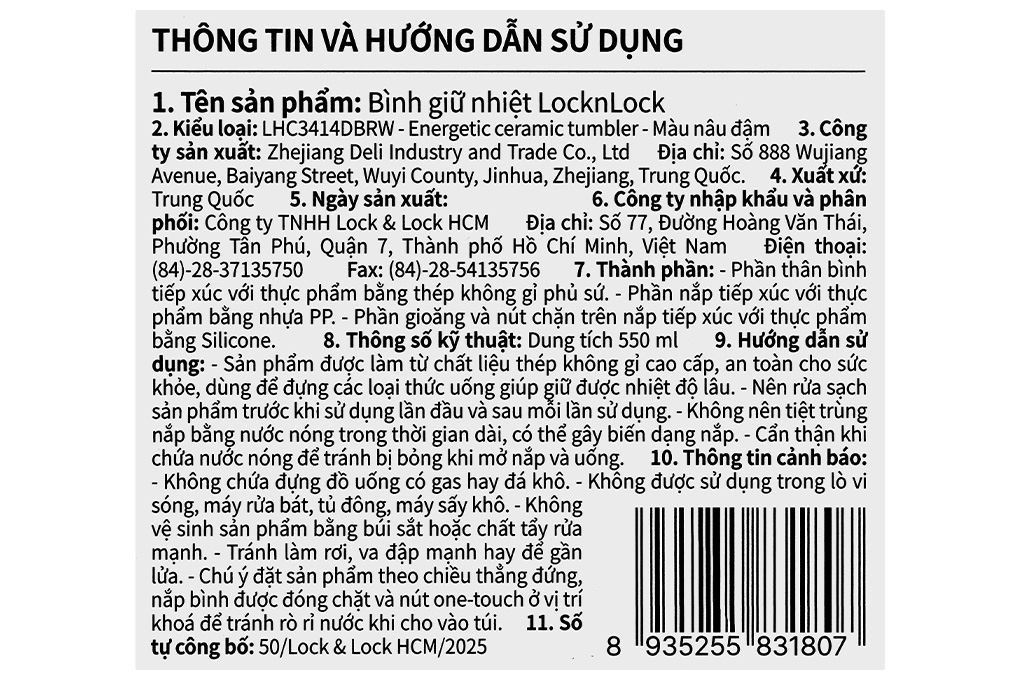 Ly giữ nhiệt Inox 550 ml Lock&Lock LHC3414DBRW Màu Nâu đậm