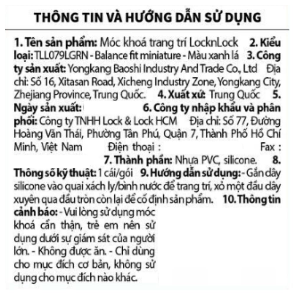 Móc khoá nhựa Balance Fit Miniature Lock&Lock TLL079LGRN Màu Xanh nhạt