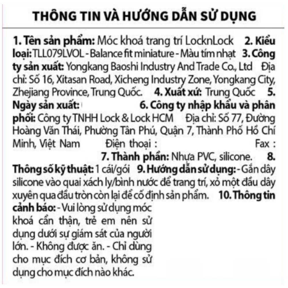 Móc khoá nhựa Balance Fit Miniature Lock&Lock TLL079LVOL Màu Tím nhạt