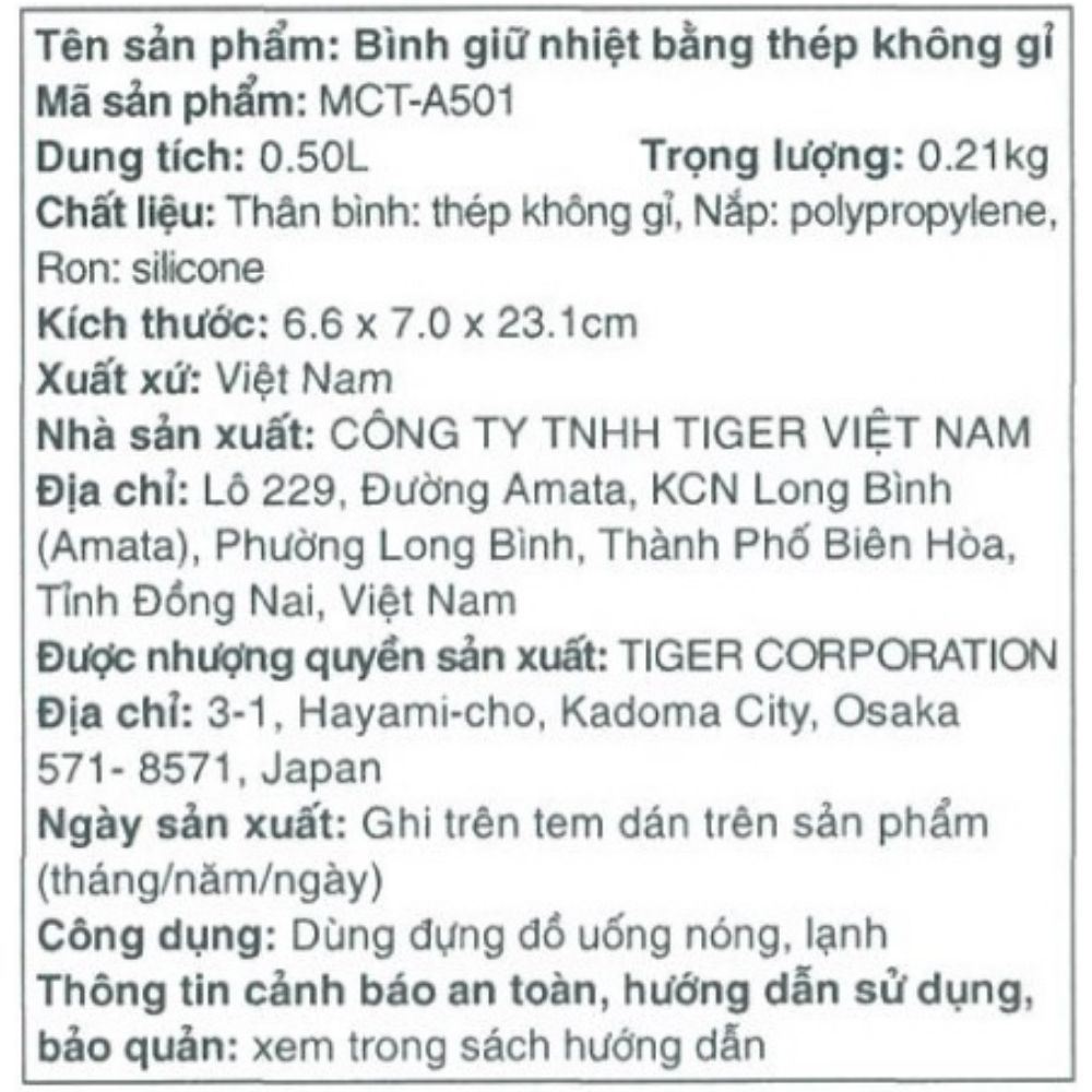 Bình giữ nhiệt Inox 500 ml Tiger MCT-A501 AT - 4