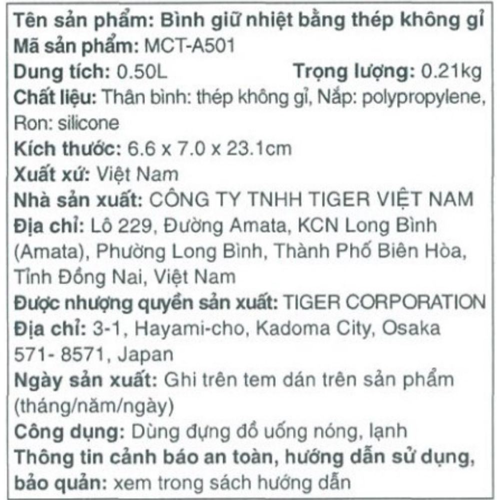 Bình giữ nhiệt Inox 500 ml Tiger MCT-A501 HT Màu Xám
