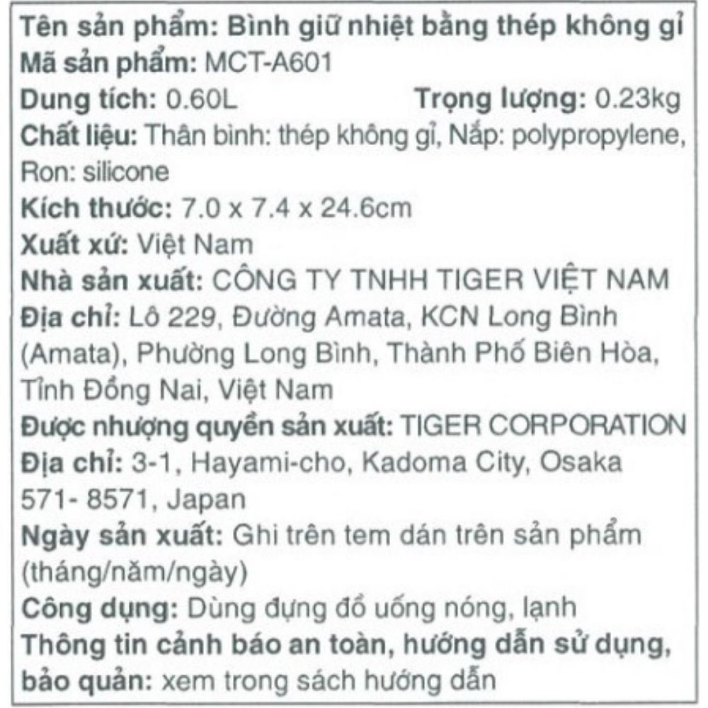 Bình giữ nhiệt Inox 600 ml Tiger MCT-A601 GT Màu Xanh lá