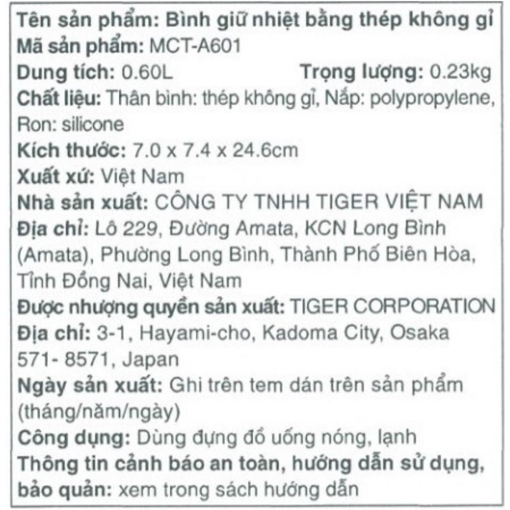 Bình giữ nhiệt Inox 600 ml Tiger MCT-A601 WU Màu Trắng