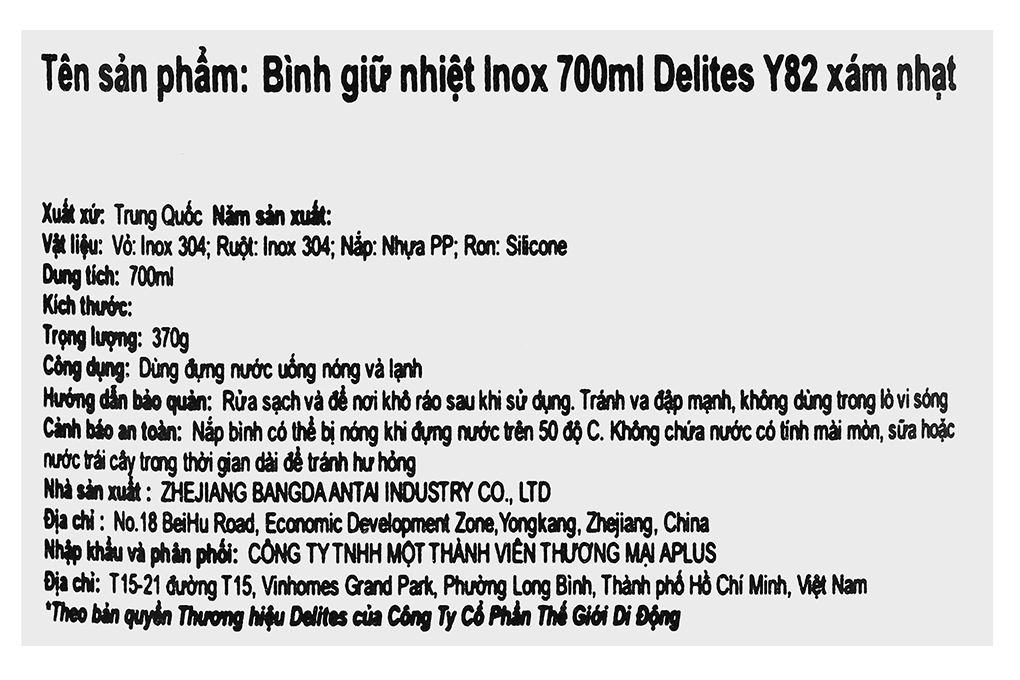 Bình giữ nhiệt Inox 700 ml Delites Y82 Màu Xám nhạt