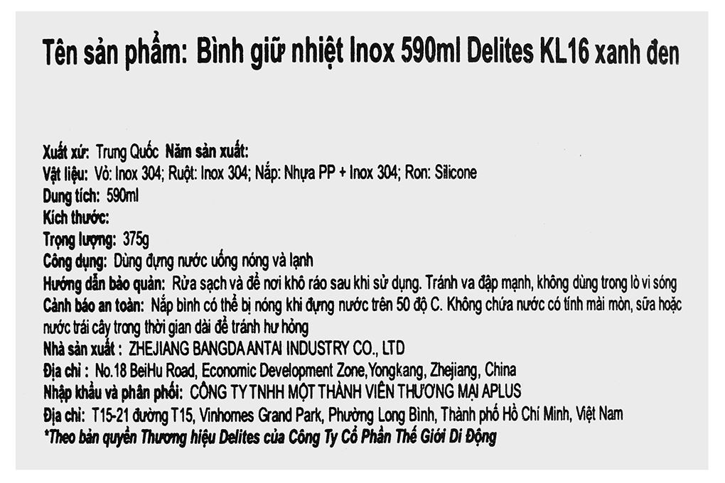 Bình giữ nhiệt Inox 590 ml Delites KL16 Màu Xanh đen