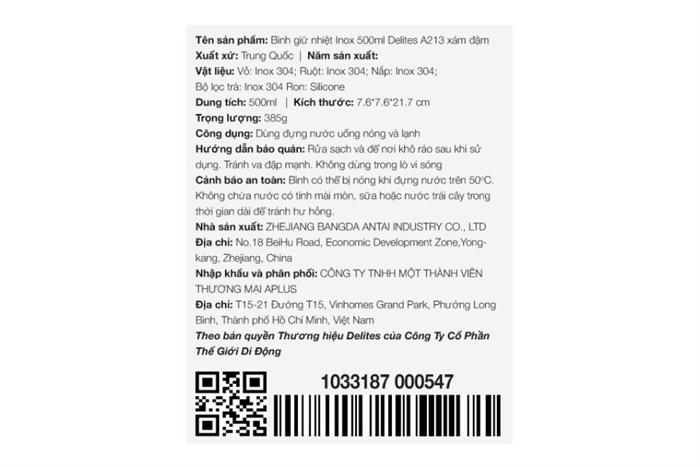 Bình giữ nhiệt Inox 500 ml Delites A213 Màu Xám đậm