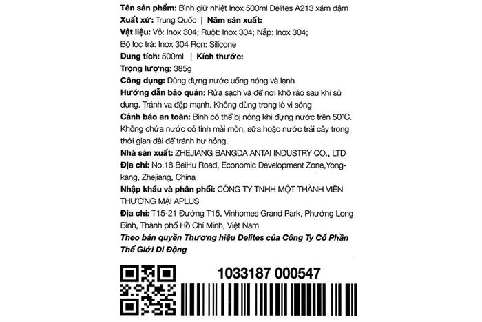 Bình giữ nhiệt Inox 500 ml Delites A213 Màu Xám đậm