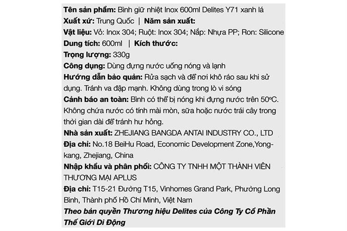 Bình giữ nhiệt Inox 600 ml Delites Y71 Màu Xanh lá