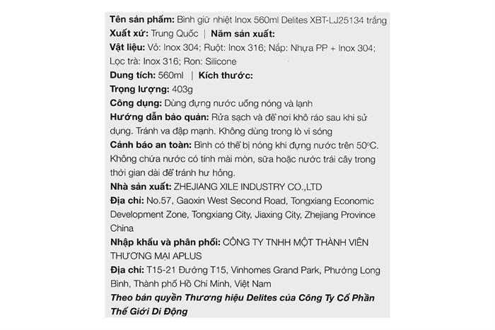 Bình giữ nhiệt Inox 560 ml Delites XBT-LJ25134 Màu Trắng
