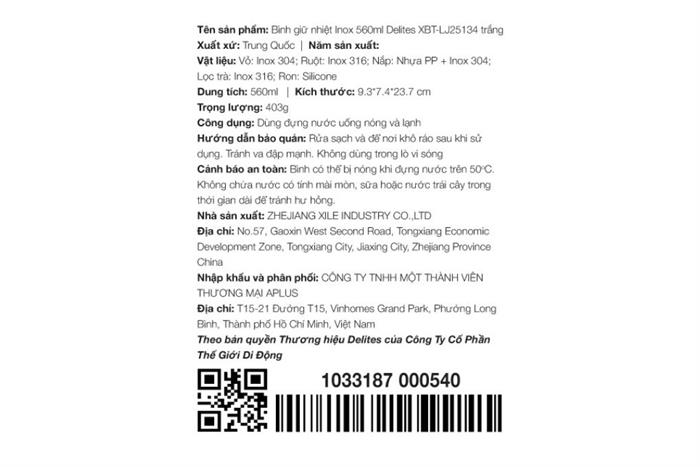 Bình giữ nhiệt Inox 560 ml Delites XBT-LJ25134 Màu Trắng