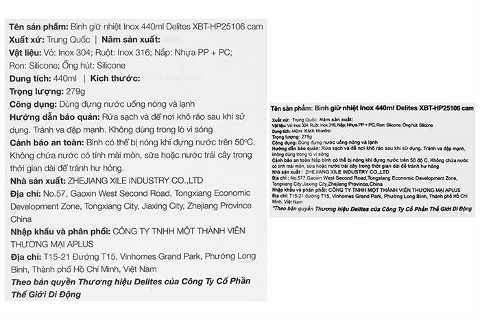 Bình giữ nhiệt Inox 440 ml Delites XBT-HP25106 Màu Cam