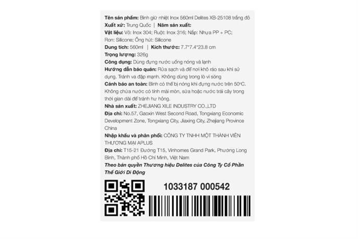 Bình giữ nhiệt Inox 560 ml Delites XB-25108 Màu Trắng - Đỏ