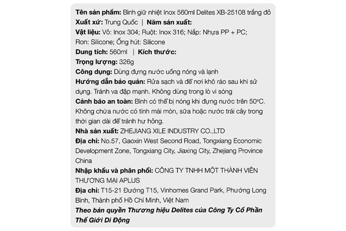 Bình giữ nhiệt Inox 560 ml Delites XB-25108 Màu Trắng - Đỏ