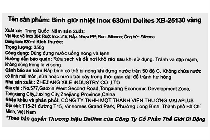 Bình giữ nhiệt Inox 630 ml Delites XB-25130 Màu Vàng