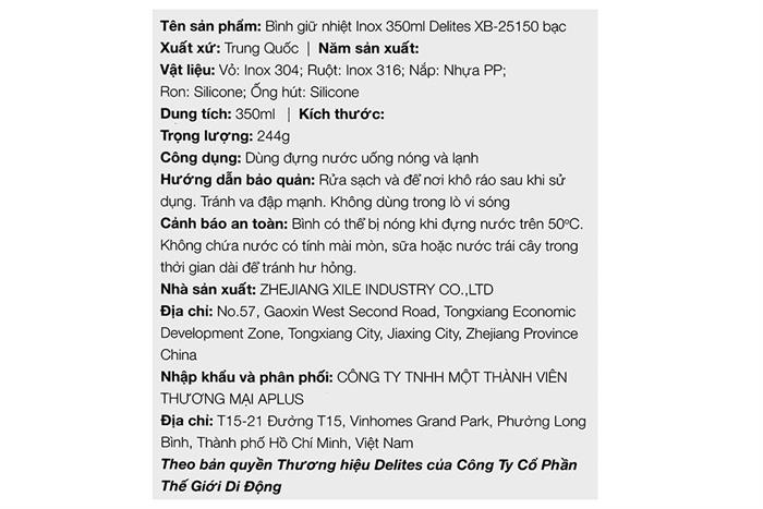 Bình giữ nhiệt Inox 350 ml Delites XB-25150 Màu Bạc