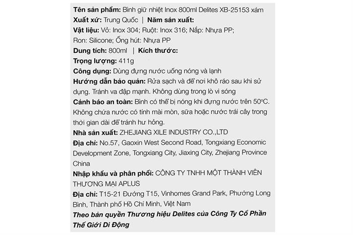 Bình giữ nhiệt Inox 800 ml Delites XB-25153 Màu Xám