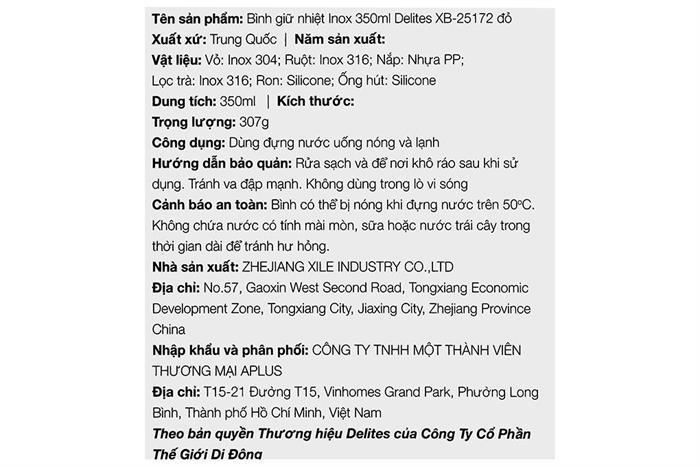 Bình giữ nhiệt Inox 350 ml Delites XB-25172 Màu Đỏ