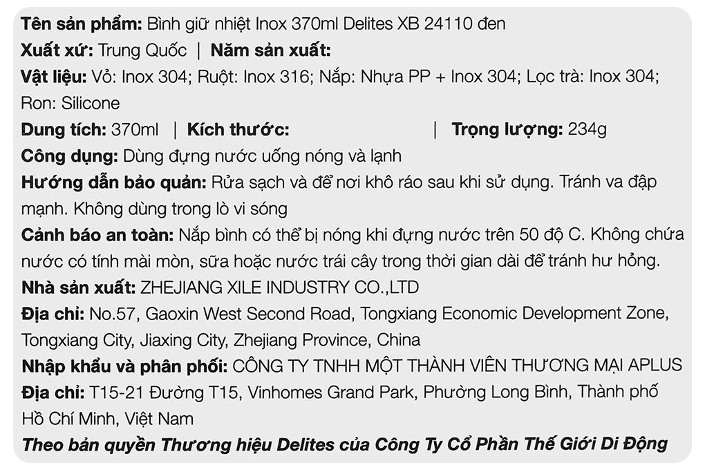Bình giữ nhiệt Inox 370 ml Delites XB-24110 Đen Màu Đen