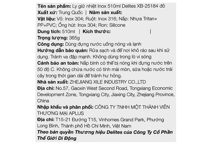 Ly giữ nhiệt Inox 510 ml Delites XB-25184 Đỏ Màu Đỏ