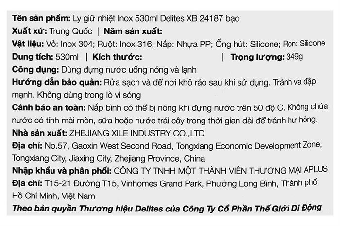 Ly giữ nhiệt Inox 530 ml Delites XB-24187 Bạc Màu Bạc