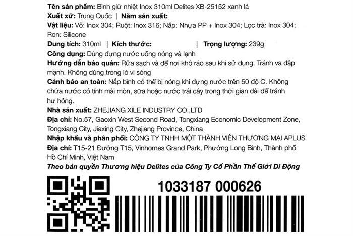 Bình giữ nhiệt Inox 310 ml Delites XB-25152 Xanh lá Màu Xanh lá